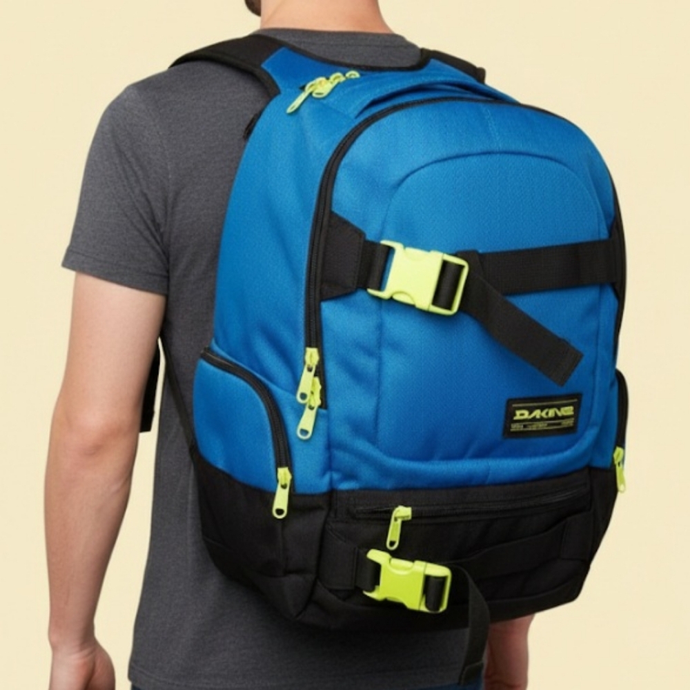 DAKINE BLUE BACKPACK WITH LIME GREEN ACCENTS-GREAT FOR SCHOOL OR TRAVEL LIKE NEW - Picture 2 of 3